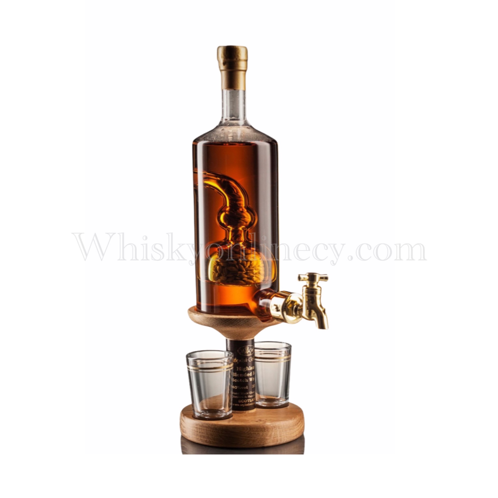 Refillable Whisky Decanter with Barley Tap & 2 Whisky Glasses